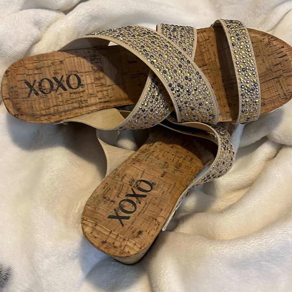 XOXO cream gold and silver wedged sandals. So cute and unique. Worn once.